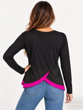 ALALA Black Long Sleeve Activewear Top Pink Accent V Back Detail Size Large Sz L